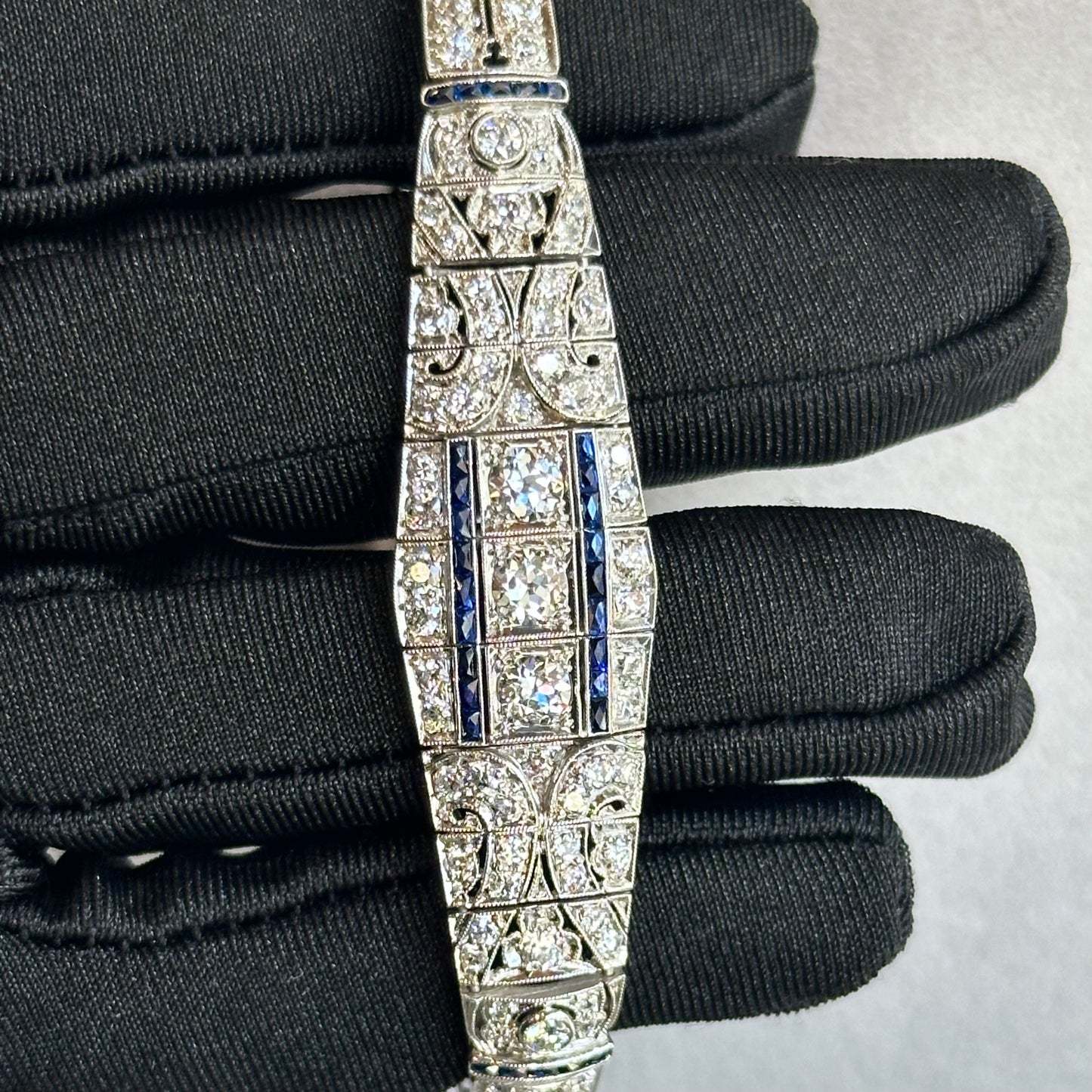 Exquisite Art Deco Filigree Platinum Diamond and Sapphire Bracelet