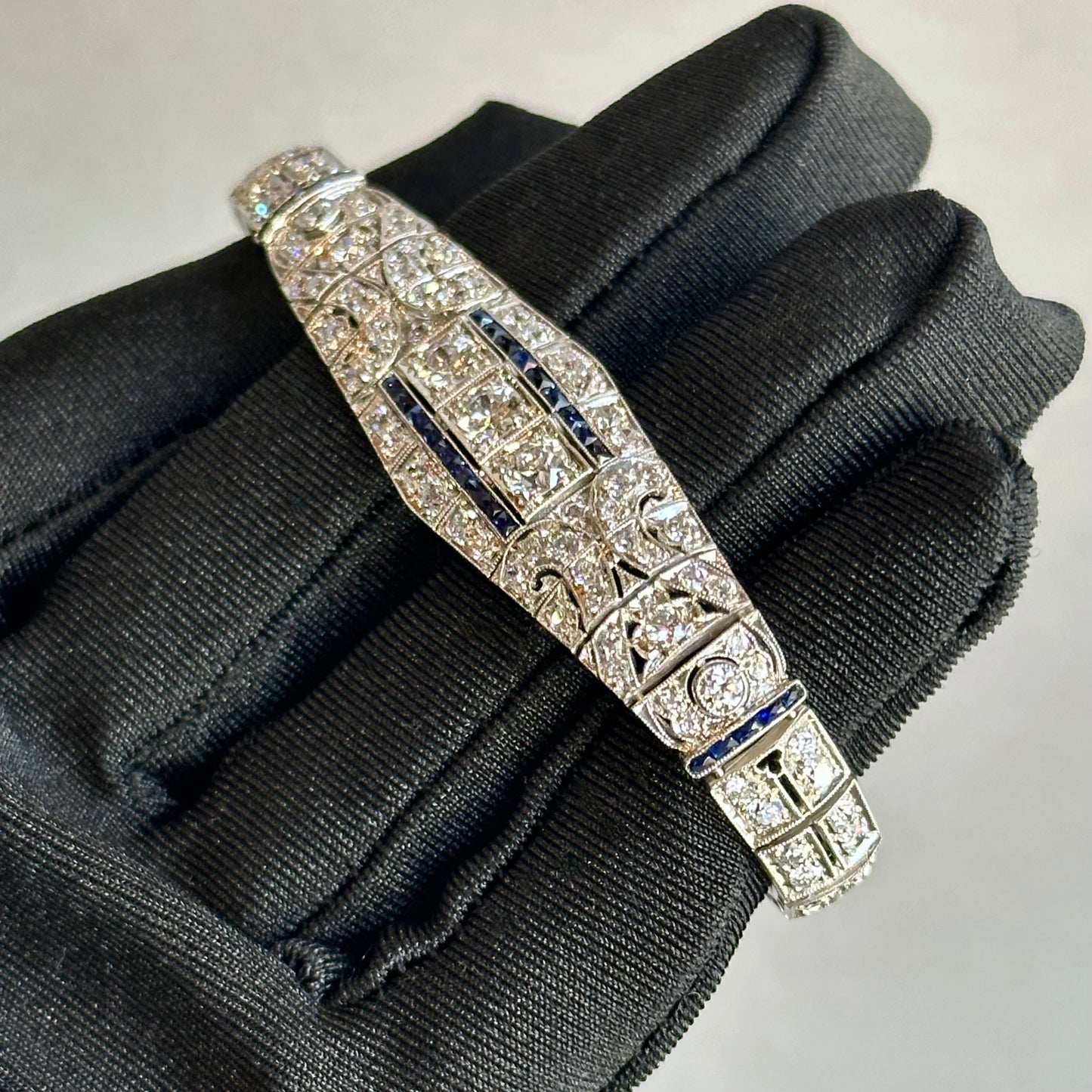 Exquisite Art Deco Filigree Platinum Diamond and Sapphire Bracelet