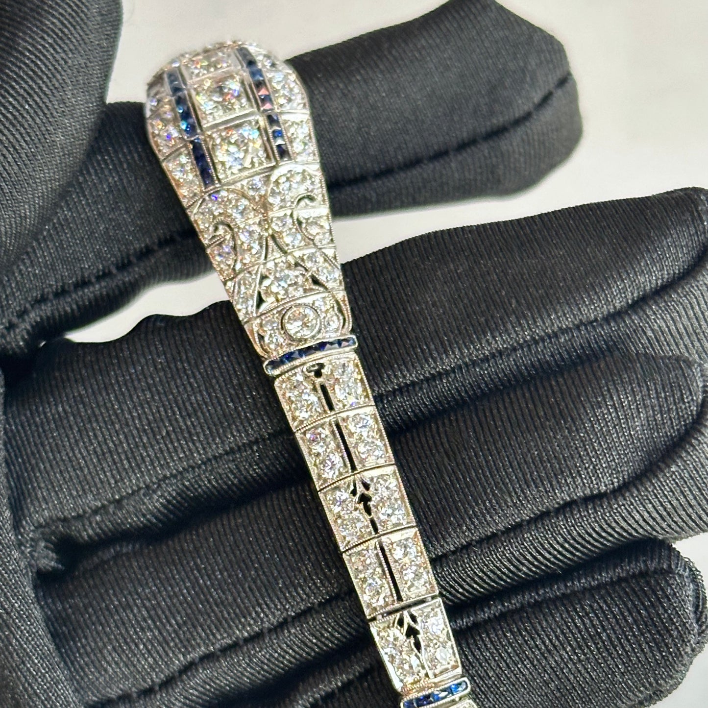 Exquisite Art Deco Filigree Platinum Diamond and Sapphire Bracelet