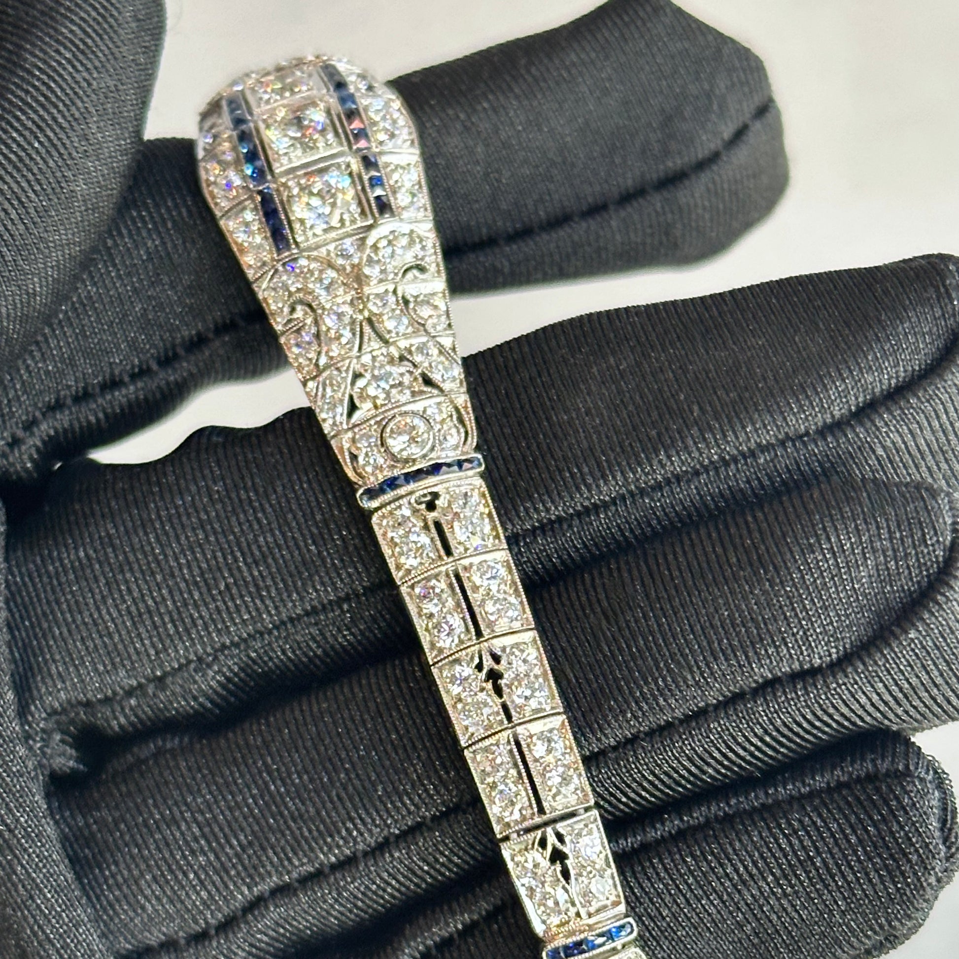 Exquisite Art Deco Filigree Platinum Diamond and Sapphire Bracelet