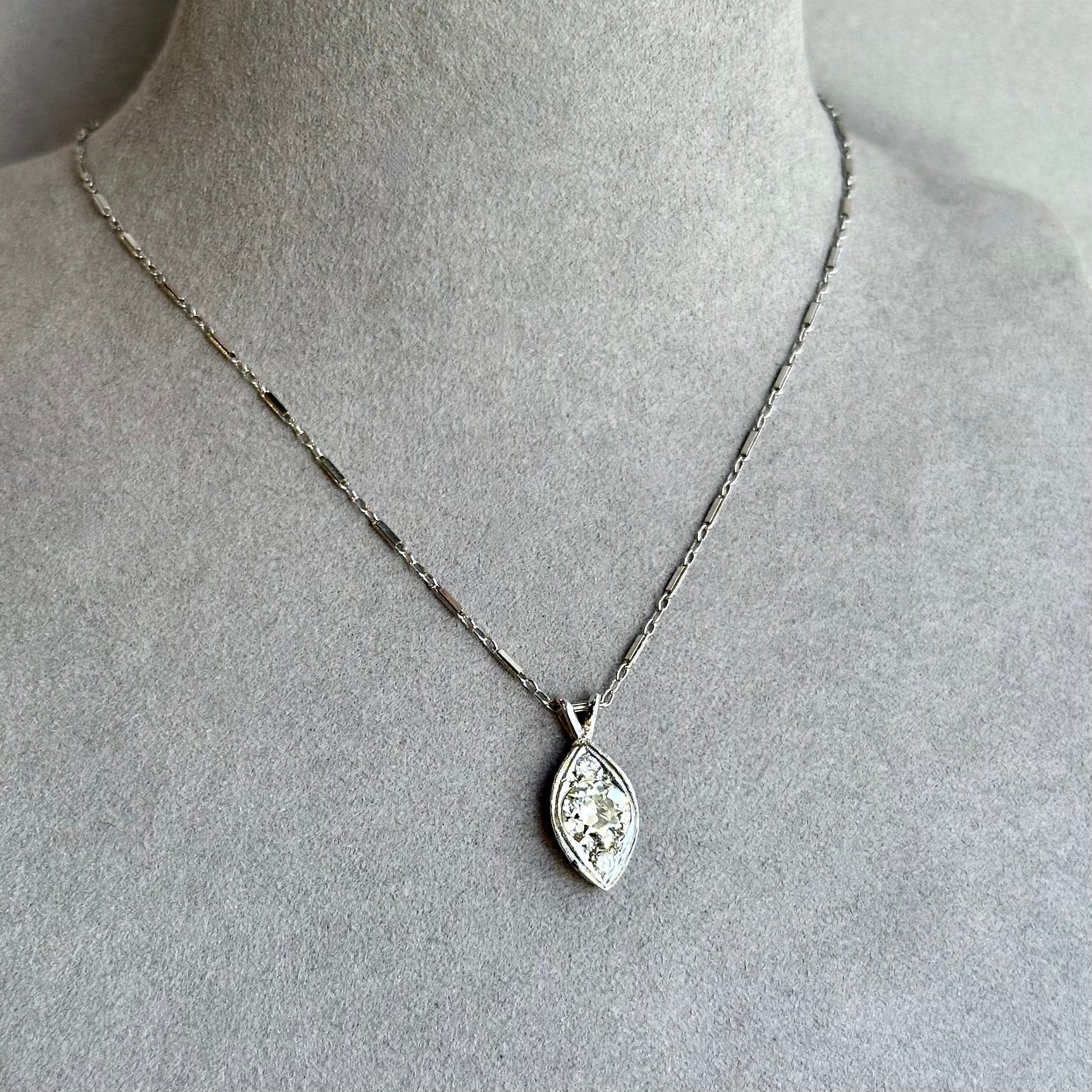 Stunning Platinum Old Mine Cut Diamond Necklace – 1.87CT H-VS2 Teardrop Shape Filigree Art Deco Setting