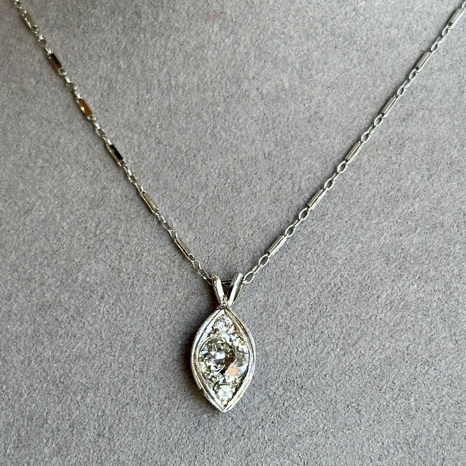 Stunning Platinum Old Mine Cut Diamond Necklace – 1.87CT H-VS2 Teardrop Shape Filigree Art Deco Setting