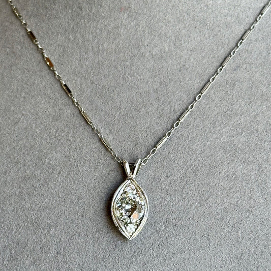 Stunning Platinum Old Mine Cut Diamond Necklace – 1.87CT H-VS2 Teardrop Shape Filigree Art Deco Setting