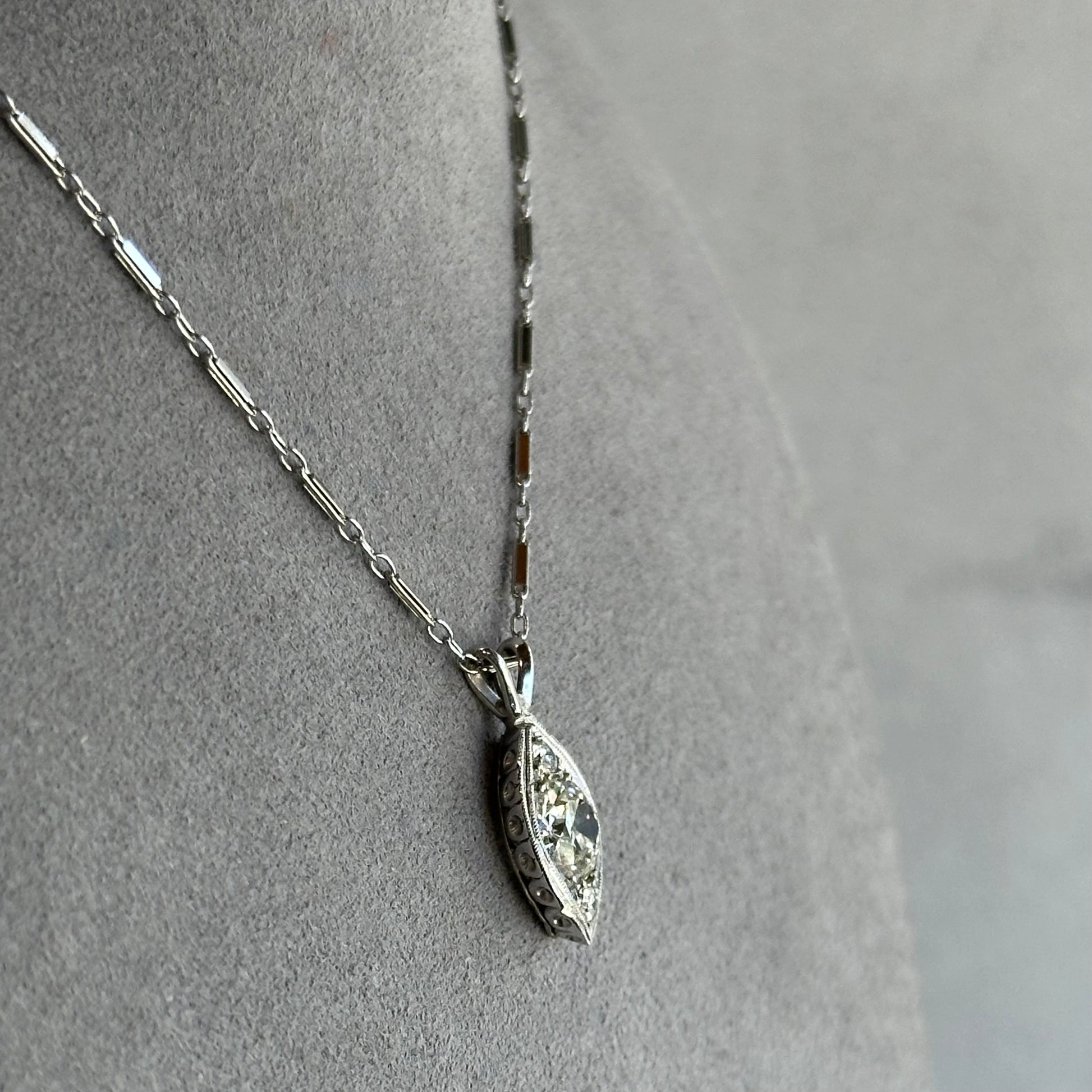 Stunning Platinum Old Mine Cut Diamond Necklace – 1.87CT H-VS2 Teardrop Shape Filigree Art Deco Setting