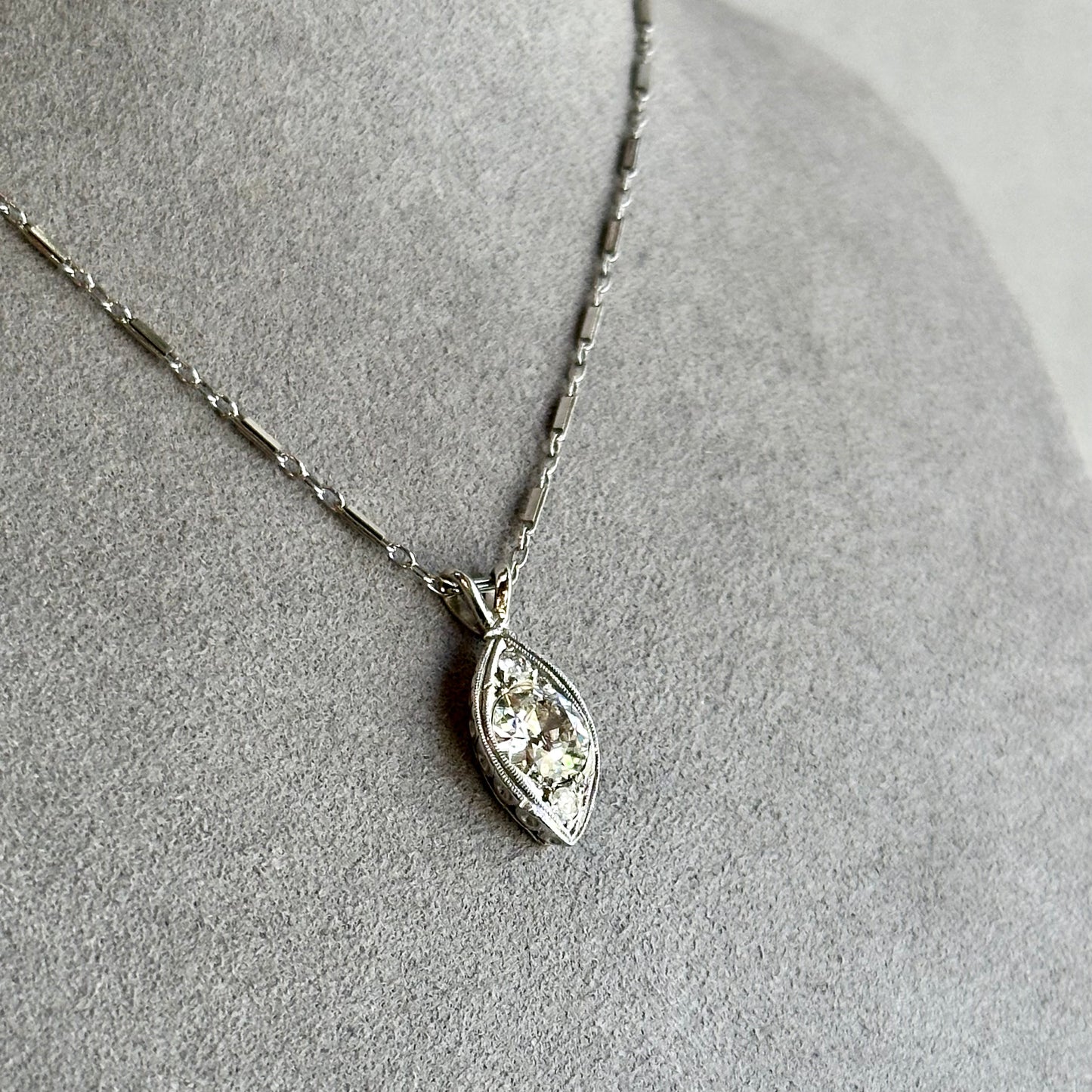 Stunning Platinum Old Mine Cut Diamond Necklace – 1.87CT H-VS2 Teardrop Shape Filigree Art Deco Setting