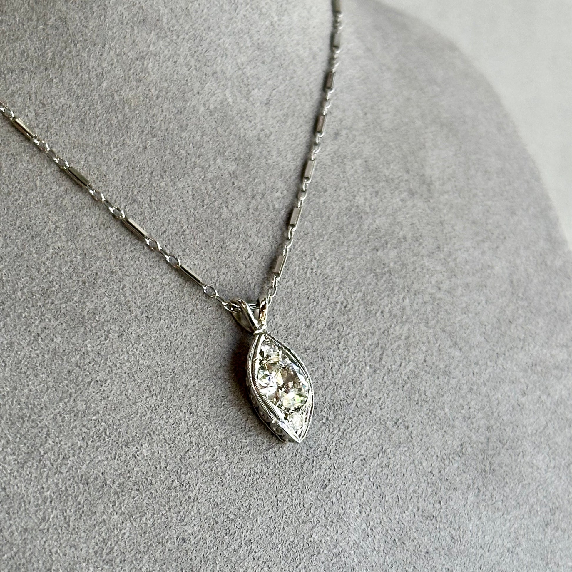 Stunning Platinum Old Mine Cut Diamond Necklace – 1.87CT H-VS2 Teardrop Shape Filigree Art Deco Setting