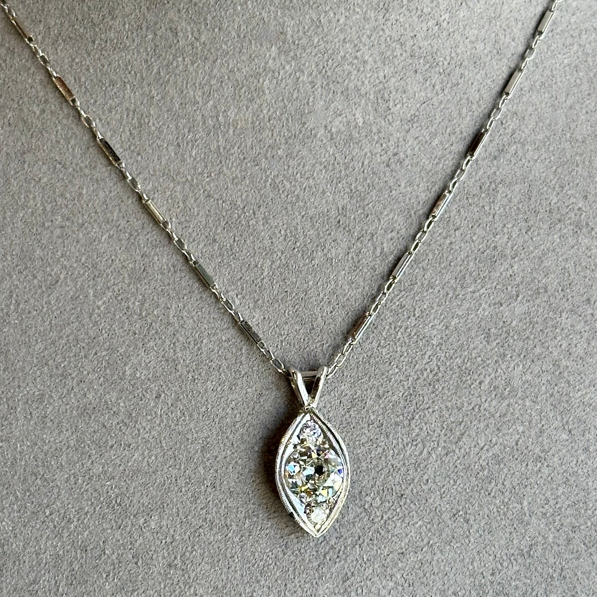Stunning Platinum Old Mine Cut Diamond Necklace – 1.87CT H-VS2 Teardrop Shape Filigree Art Deco Setting