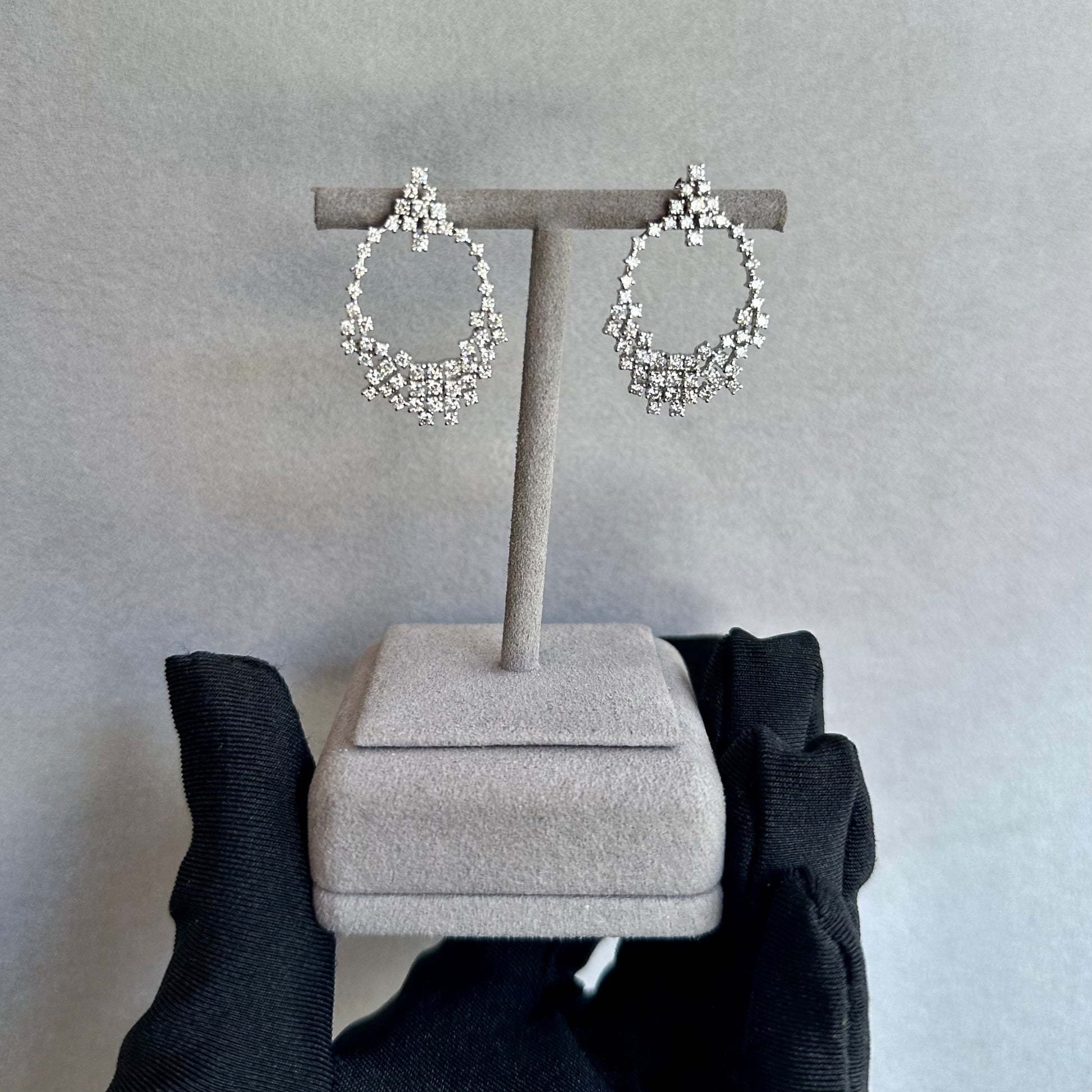 14KT White Gold Diamond Starburst Chandelier Earrings – 2.93CTW, 110 Diamonds in Drop Hoop Design