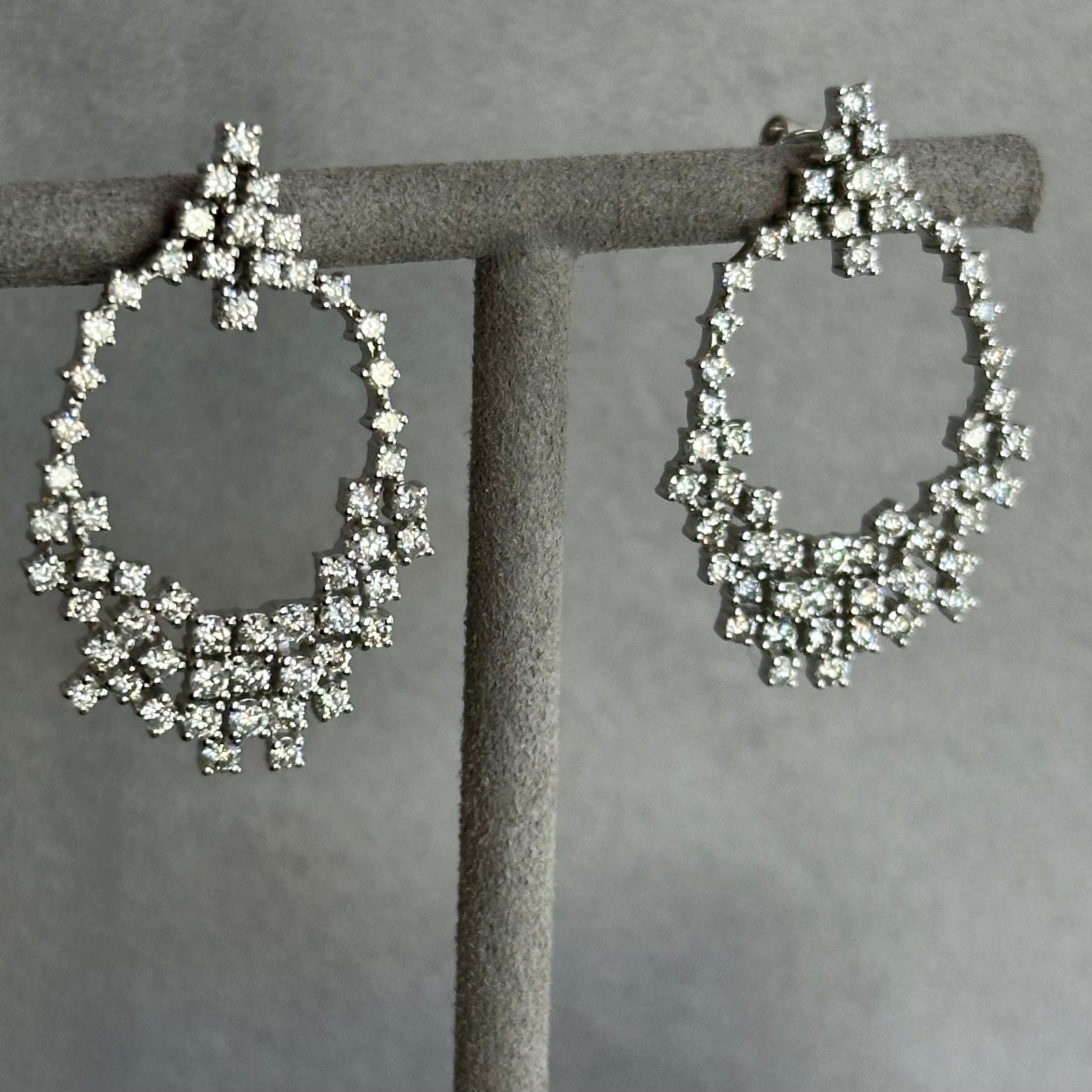14KT White Gold Diamond Starburst Chandelier Earrings – 2.93CTW, 110 Diamonds in Drop Hoop Design